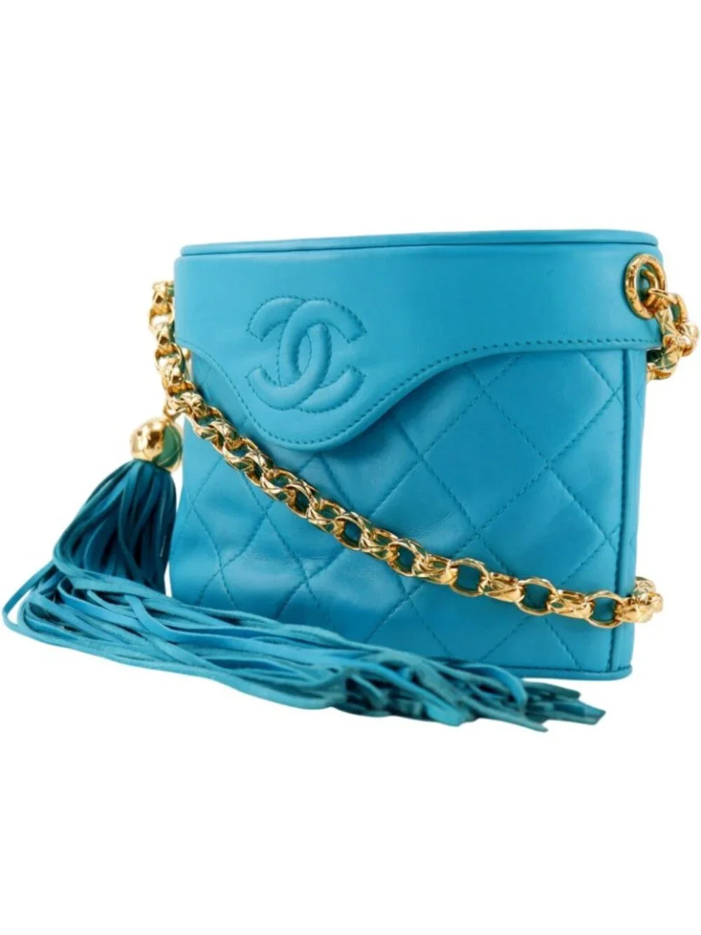 Chanel Mini Chain Shoulder CC Logo Quilted Tassel Lambskin Turquoise Blue Bag